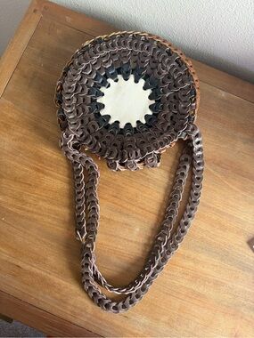 Hand Crafted Round Woven Crossbody Bag - Brown & Cream